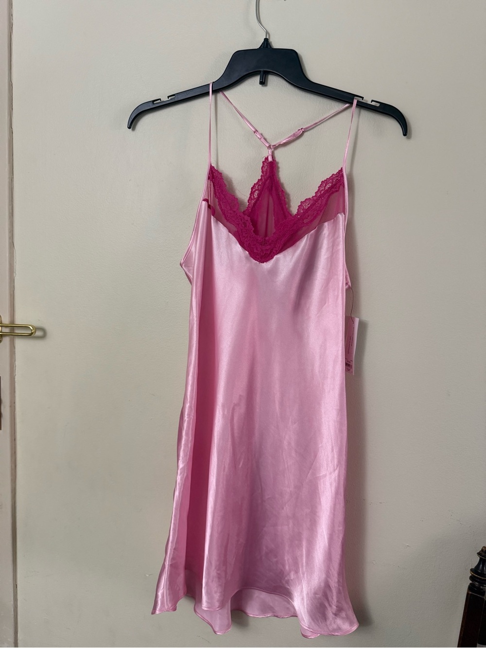 Pink Satin Slip Chemise with Fuchsia Lace Trim